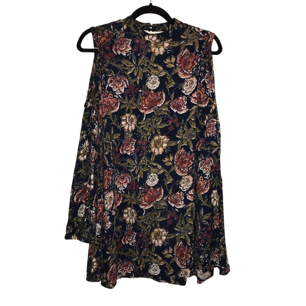 ANGIE Black Red Floral Shift Dress Cold Shoulders Long Sleeves Size Small